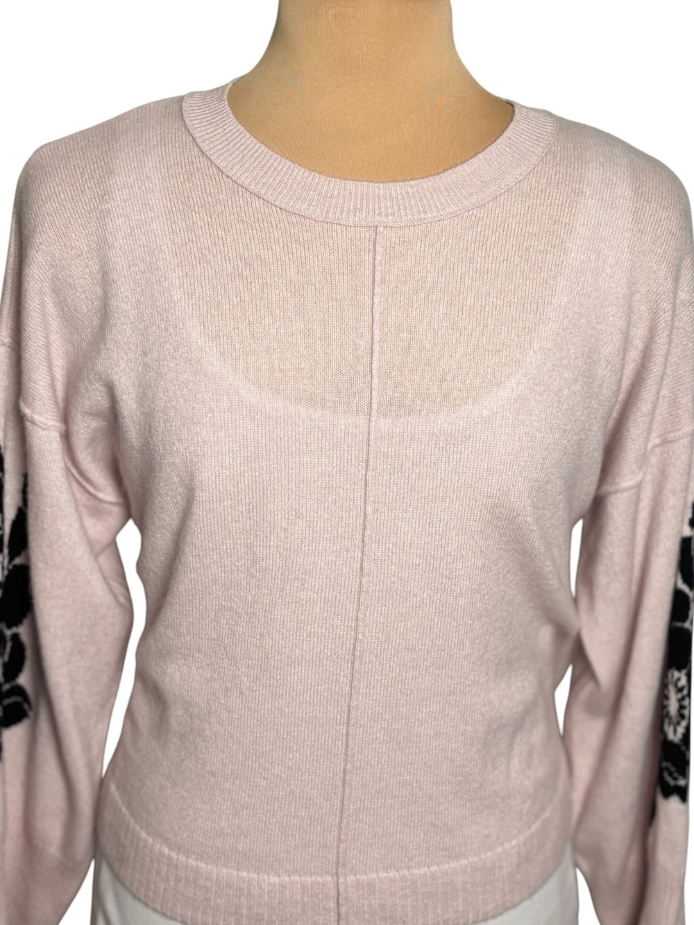 Autumn Cashmere 100% Cashmere Pink Crewneck Sweater Floral Sleeve XS